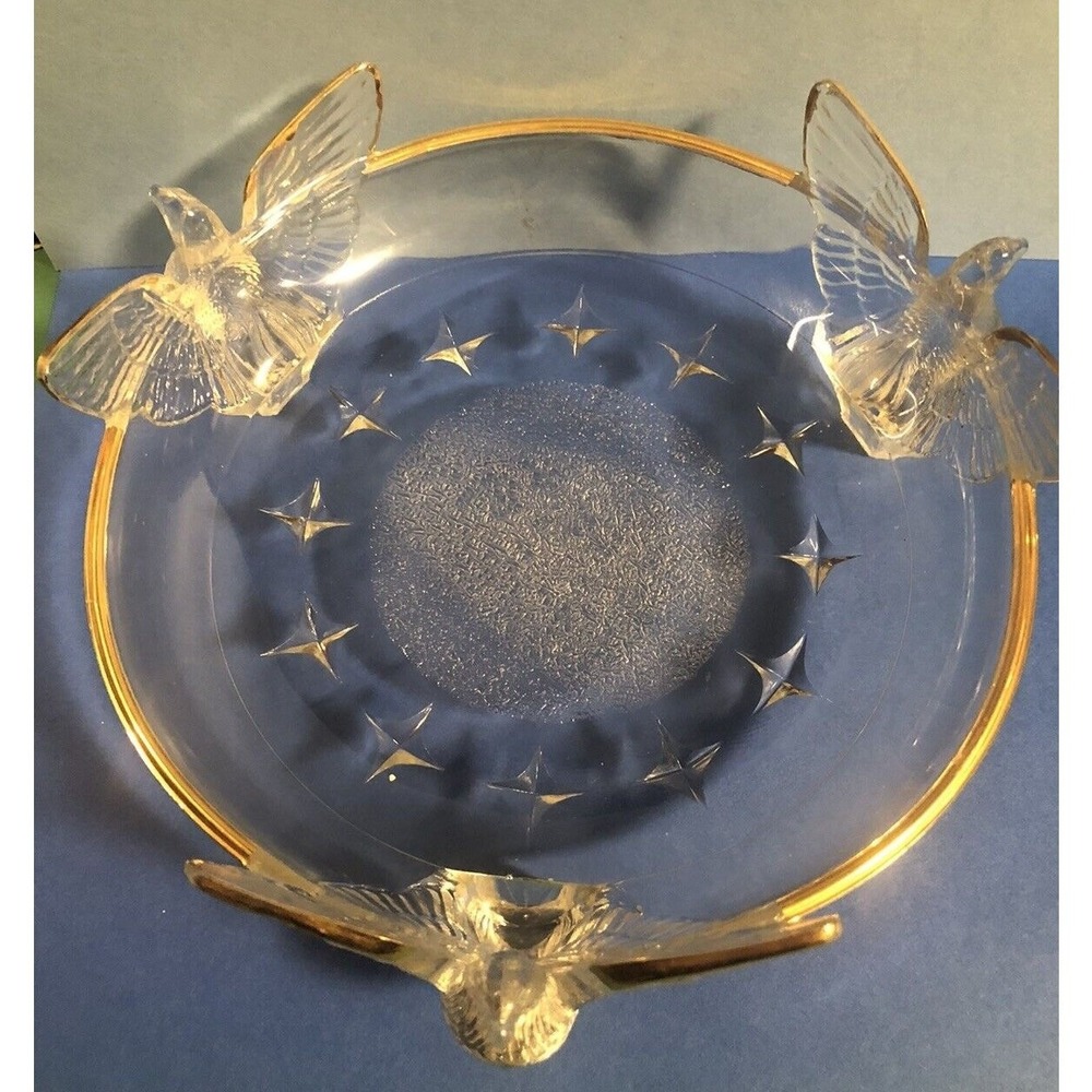 Glass Candy Dish Bowl American Eagle 3-Footed Embossed Stars Gold Trim Vintage - Picture 10 of 13